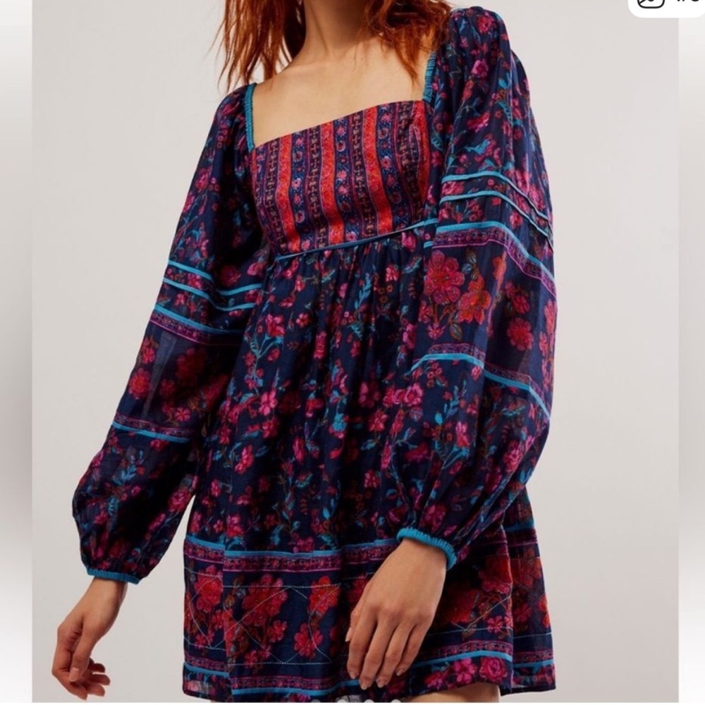 Free People Bohemian Floral Square-Neck Mini Dress in Navy and Pink
